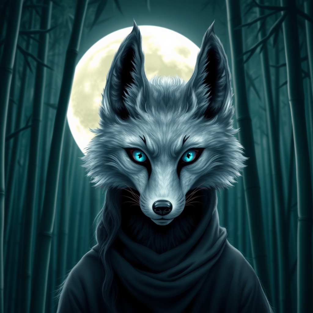 a scary look silver nine-tail-fox with blue eyes and the face of a Korean woman, in front the full moon in a bamboo forest