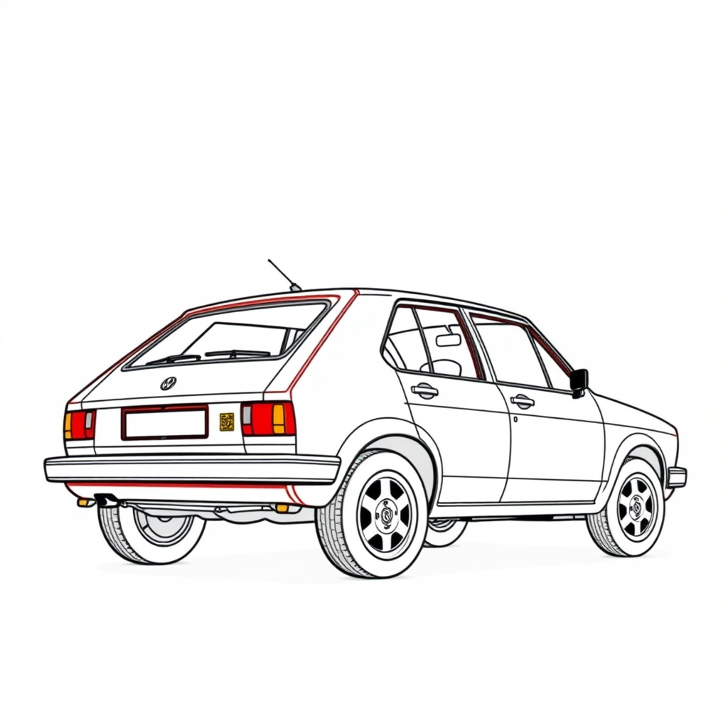 red vw polo II car, long establishing shot, 2D, caricature, cartoon, Sketch lines, coloring book, coloring book style on white background, well composed, clean coloring book page, No dither, no gradient, strong outline, No fill, No solids, vector illustration, realistic proportions, blueprint, left side view