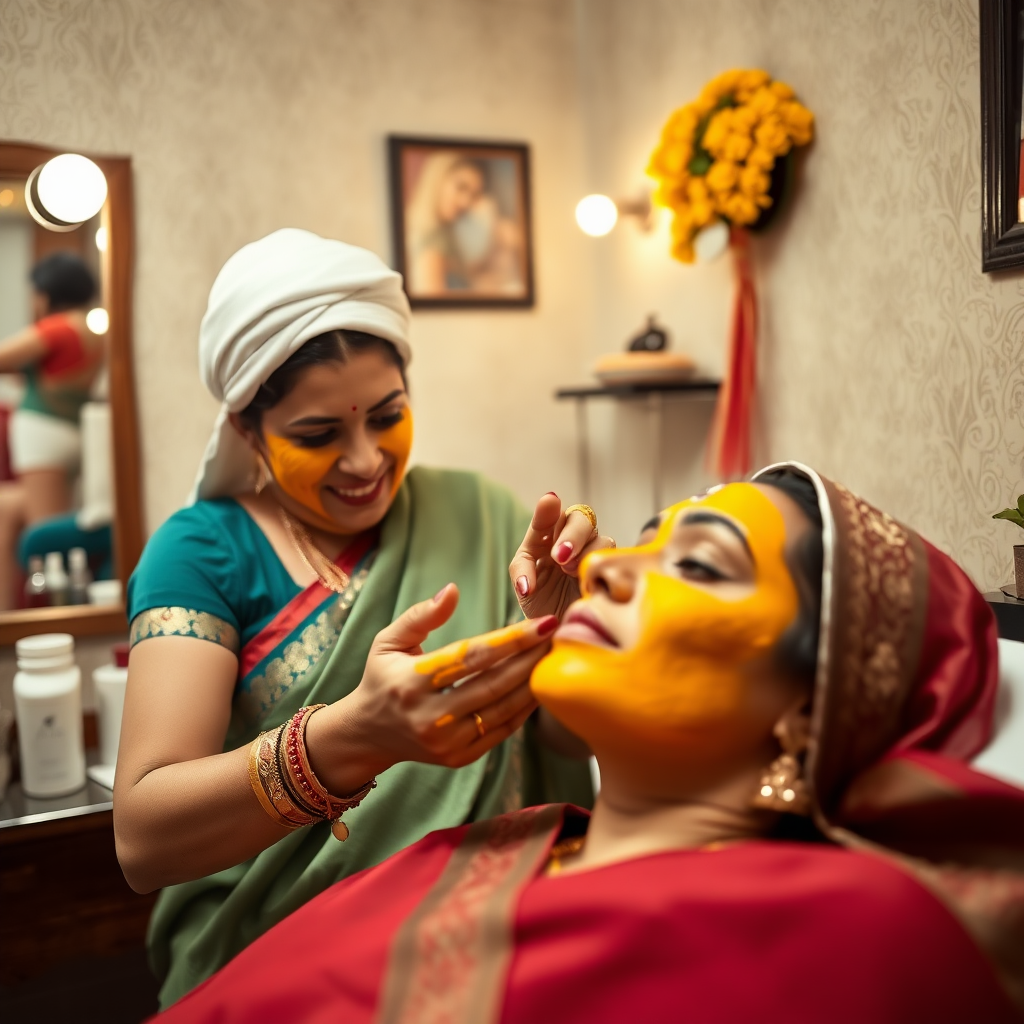 young british queen, working in beauty parlour, giving turmeric facial to rich, traditional indian wife