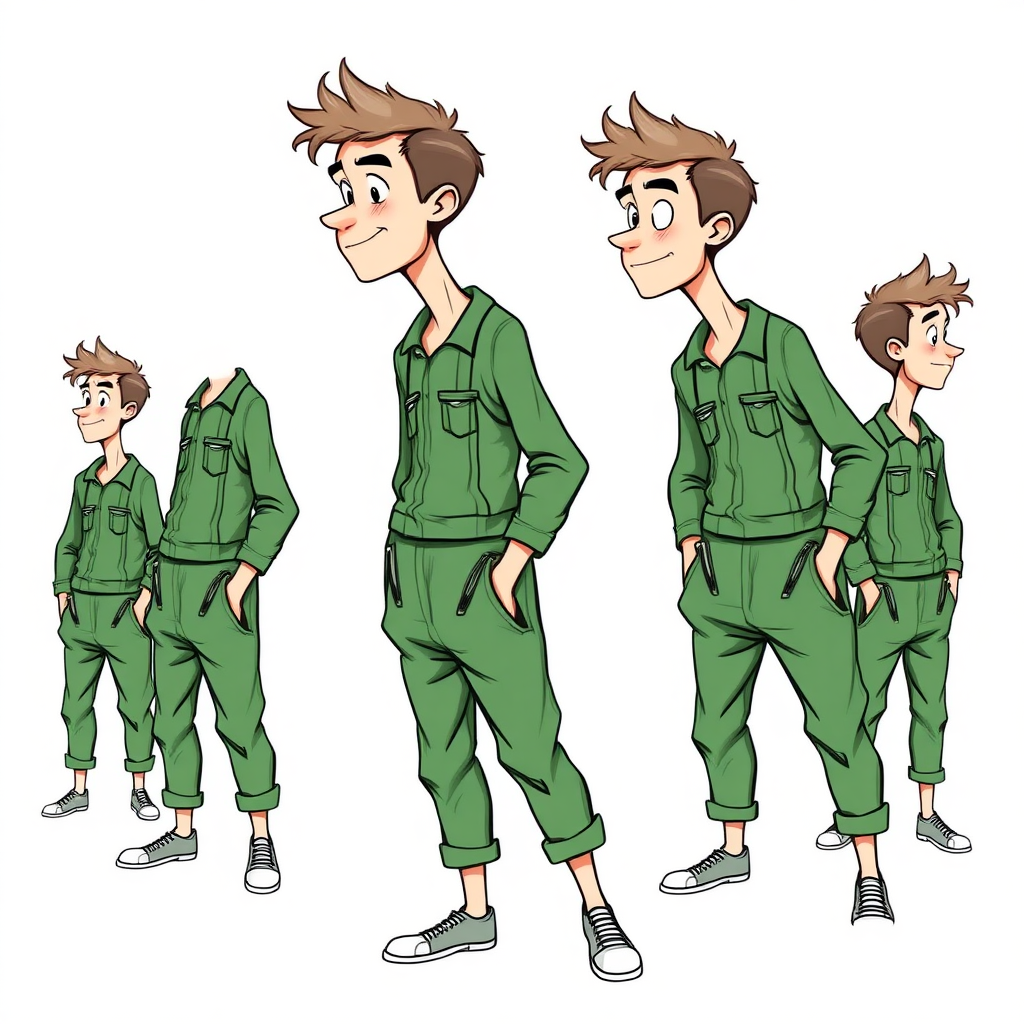 multiple views with progression, character design sheet, blushing shy nervous small 20 year old european skinny man wearing green long sleeve coveralls is trying to hide his excitement, detailed features, bulging pants, 
long establishing shot, 2D, caricature, cartoon, Sketch lines, coloring book, black and white, coloring book style on white background, well composed, clean coloring book page, No dither, no gradient, strong outline, No fill, No solids, vector illustration, side view, vector illustration, empty space around each view