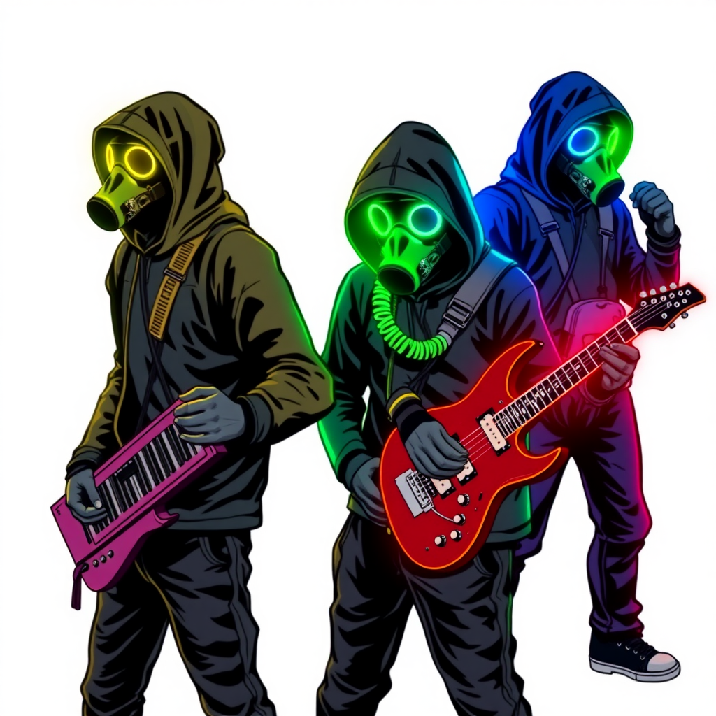 a rock band-themed group of anarchist vigilantes. They wear black tactical hoodies and color-coded gas masks that glow neon in their respective Munsell colors. Each member’s gas mask matches their designated Munsell color. There are only four members:

Maximum Yellow: Hypnotic Keyboardist with a neon yellow glowing gas mask (Munsell Yellow)  
Maximum Green: Seismic Drummist with a neon green glowing gas mask (Munsell Green)  
Maximum Blue: Electrokinetic Guitarist with a neon blue glowing gas mask (Munsell Blue)  
Maximum Red: Sonic Lead Vocalist with a neon red glowing gas mask (Munsell Red)  
The scene should capture their rebellious and intense energy, with each member in a dynamic pose, ready to unleash their musical and anarchistic powers. They are on a solid white background. They are drawn as if they are in a retro 2D cyberpunk fighting game.