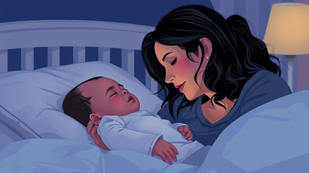 A mother trying to put a little baby to sleep in a nighttime scene.