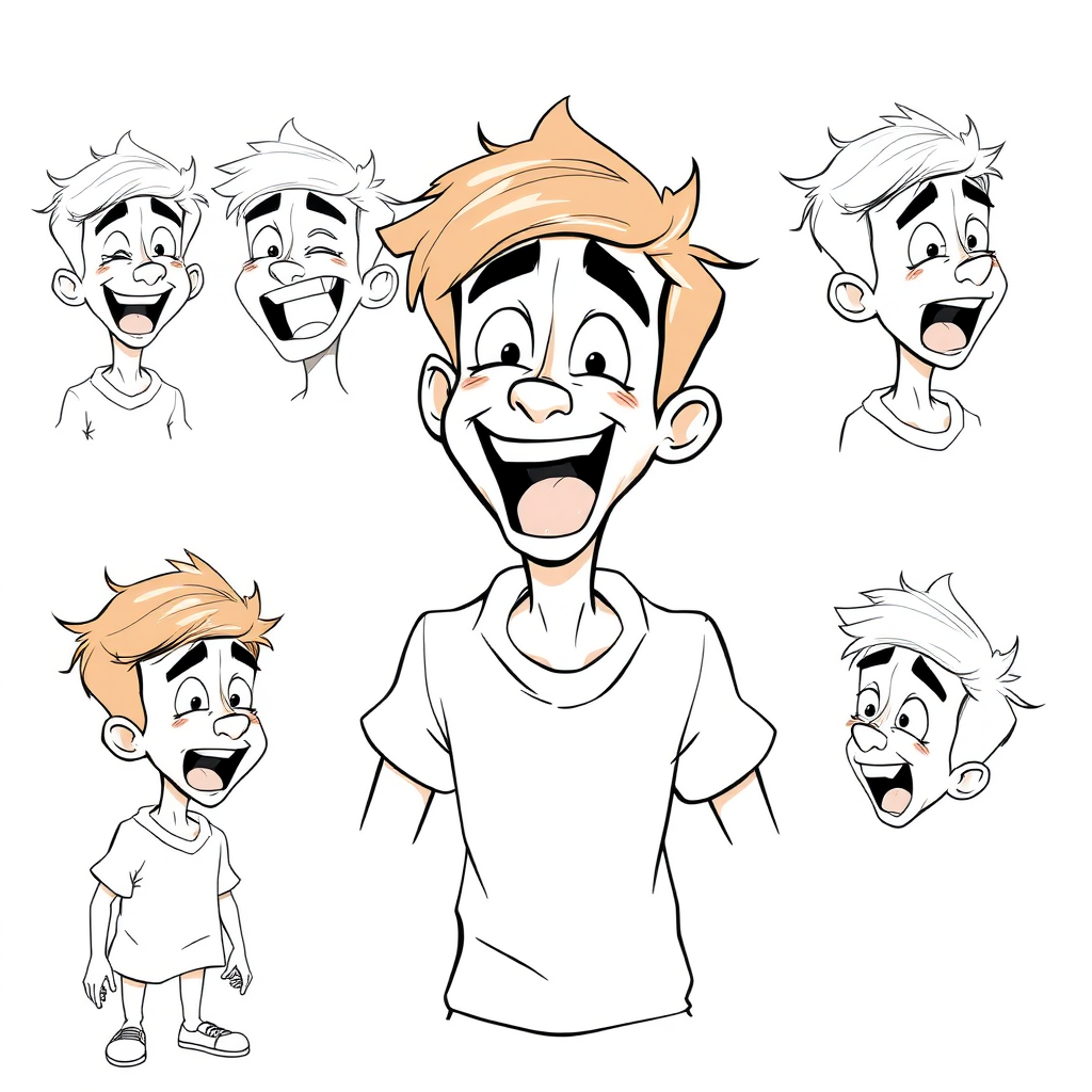 multiple views with progression, character design sheet, short, excited, smiling, ecstatic, open mouth, sweating, 15 year old european boy, drooling, detailed features, long establishing shot, 2D, caricature, cartoon, Sketch lines, coloring book, coloring book style on white background, well composed, clean coloring book page, No dither, no gradient, strong outline, No fill, No solids, vector illustration, side view, vector illustration, empty space around each view, movement lines