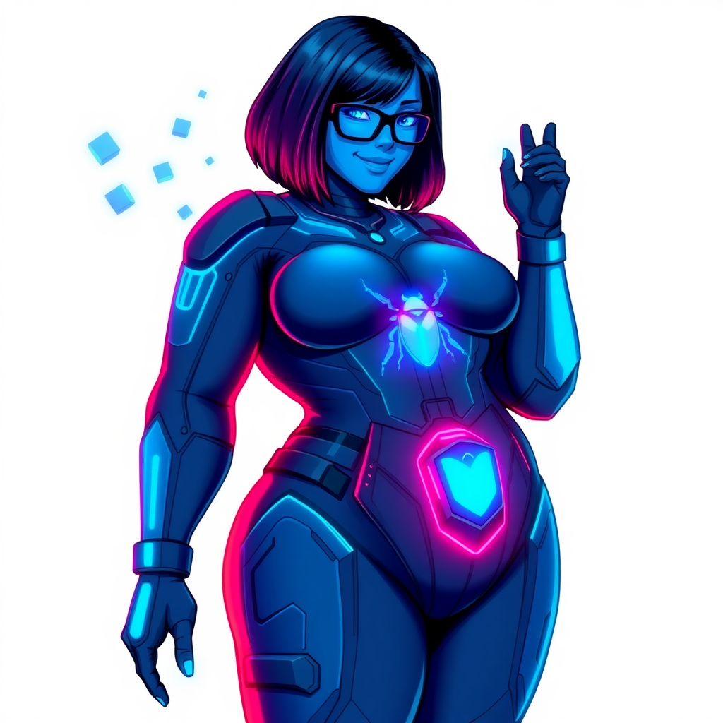 A 28-year-old full-figured computer science major, now transformed into a full-figured, nerdy digital sidekick for her cyberpunk vigilante boyfriend, with maximum blue skin. She is clearly non-athletic, with her full figure. Her bob cut seamlessly blends with her skin, appearing to merge together as computer data, and her neon blue eyes glow intensely. Her full figure is defined by a prominently round, gargantuan midsection, sequoia-sized limbs, and broad shoulders. As a loyal and supportive sidekick, she plays a crucial role in their missions, using her digital skills to assist and protect.

She wears a digital, computerized maximum blue bodysuit which blends with her hair and skin (appearing to merge together like computer data), all colored maximum blue. The bodysuit has a neon blue chest icon of a beetle, along with matching high-tech gloves. She bashfully giggles with a neon red blush, emitting neon blue data cubes from her body, set against a solid white background. Heavily pampered by her doting boyfriend, her full figure (especially her prominent, round, gargantuan midsection) clearly shows this care. She has the ability to hack into computers and machines, and her nerdiness is blatantly obvious with her black oversized eyeglasses. Her full figure (especially her prominent, round, gargantuan midsection) is prominently displayed and heavily emphasized. Her outfit is influenced by DC’s Jennifer Knight Phantom Lady but remains distinct. She is drawn as if she was in a retro 2D cyberpunk fighting game. Ensure her skin color is distinct from Inside Out's Sadness and any other character. Ensure she doesn't resemble The Power of Surge's Debra or any other character. Ensure her midsection is round. Her proportions are bloated to emphasize her non-athletic, full figure. She is clearly non-athletic, with heavy emphasis on her full figure and prominent, round, gargantuan midsection.