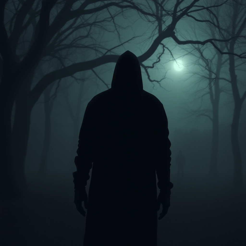 A shadowy figure lurking in a dark, foggy park, surrounded by gnarled trees and eerie shadows, with a faint echo of laughter in the background. The atmosphere is thick with tension and fear.