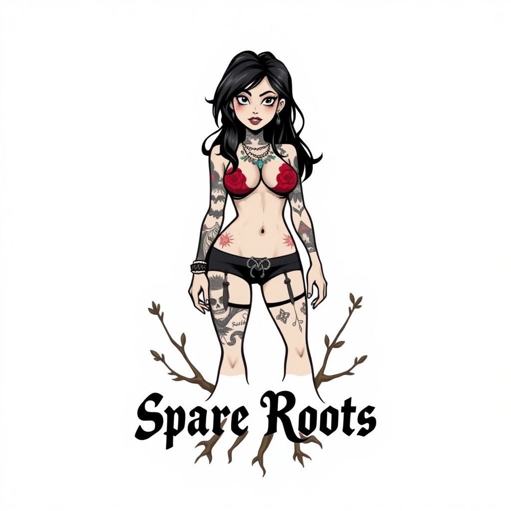 A modern tshirt design that features a gritty tattooed cartoon woman in underwear. The bottom of the design reads "Spare Roots". The image has a blank white background.