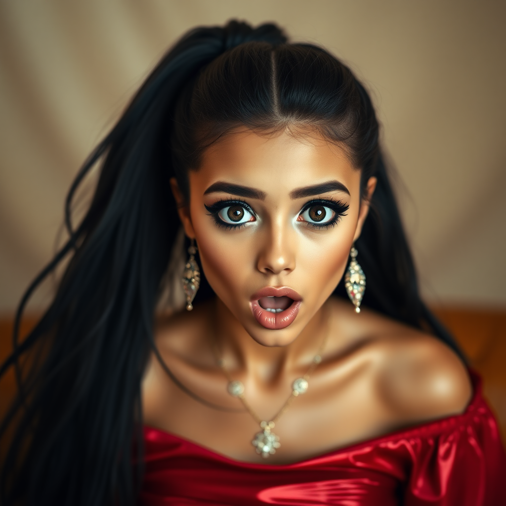 surprised Arabian girl with mouth open. She has very large eyes, black eyeshadow, black eyeliner, fake eyelashes, very tanned skin, very long hair. very high ponytail, red off shoulder shinny crop top. photo realistic, black hair.