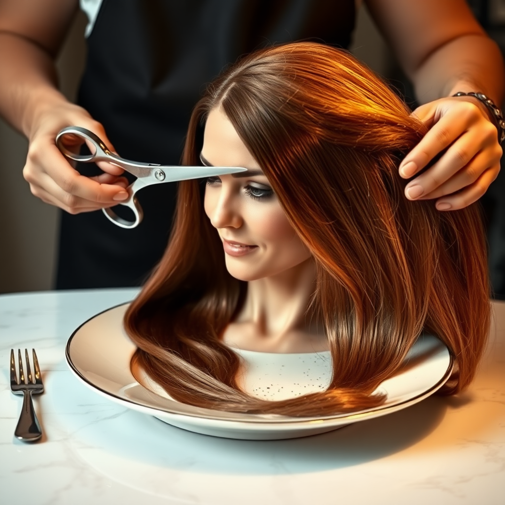 In a bizarre, surreal tableau, the polished surface of an elegant dining plate cradles the disembodied head of a strikingly beautiful Kate Middleton, her long, flowing hair cascading like a glossy waterfall of deep chestnut and honey highlights. The hair is luxuriously arranged, strands shimmering under the soft, ambient light that bathes the scene in an ethereal glow.

A skilled hairdresser, clad in a sleek black apron, stands poised with a pair of gleaming scissors, carefully trimming the endlessly luxurious locks that frame Kate's serene, almost ethereal features. The air is thick with the scent of salon products mingling with delicate hints of floral fragrances, creating an unusual yet strangely inviting atmosphere. The hairdresser's focused expression reveals a meticulous dedication as snippets of hair fall gracefully onto the pristine plate, echoing a sense of both artistry and absurdity.

The overall emotional tone conveys a dreamlike quality, inviting viewers to ponder the juxtaposition of beauty, identity, and the bizarre circumstances that bind them in this extraordinary moment.