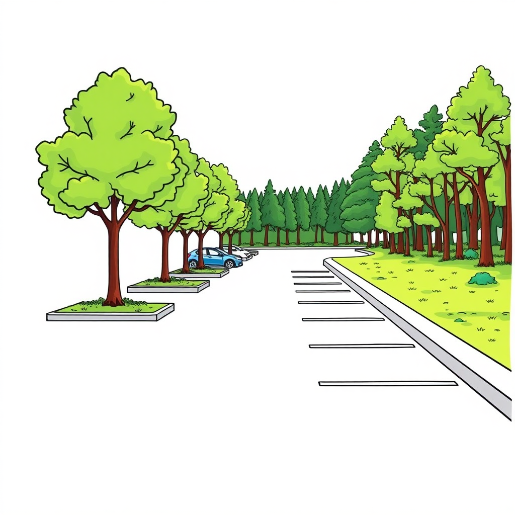 a small parking lot, borders, trees, lawn, wood outskirt on the right, colorful image long establishing shot, 2D, caricature, cartoon, Sketch lines, coloring book, coloring book style on white background, well composed, clean coloring book page, No dither, no gradient, strong outline, No fill, No solids, vector illustration, realistic proportions, left side view