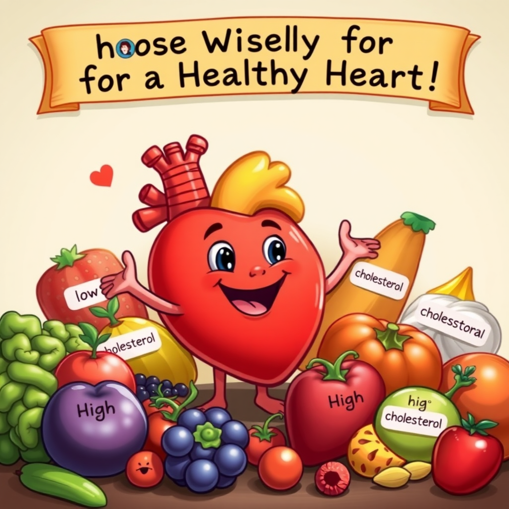 An imaginative scene of a cartoon heart happily interacting with various foods, some labeled "low cholesterol" and others "high cholesterol," surrounded by vibrant fruits and vegetables, with a banner overhead reading, "Choose Wisely for a Healthy Heart!"