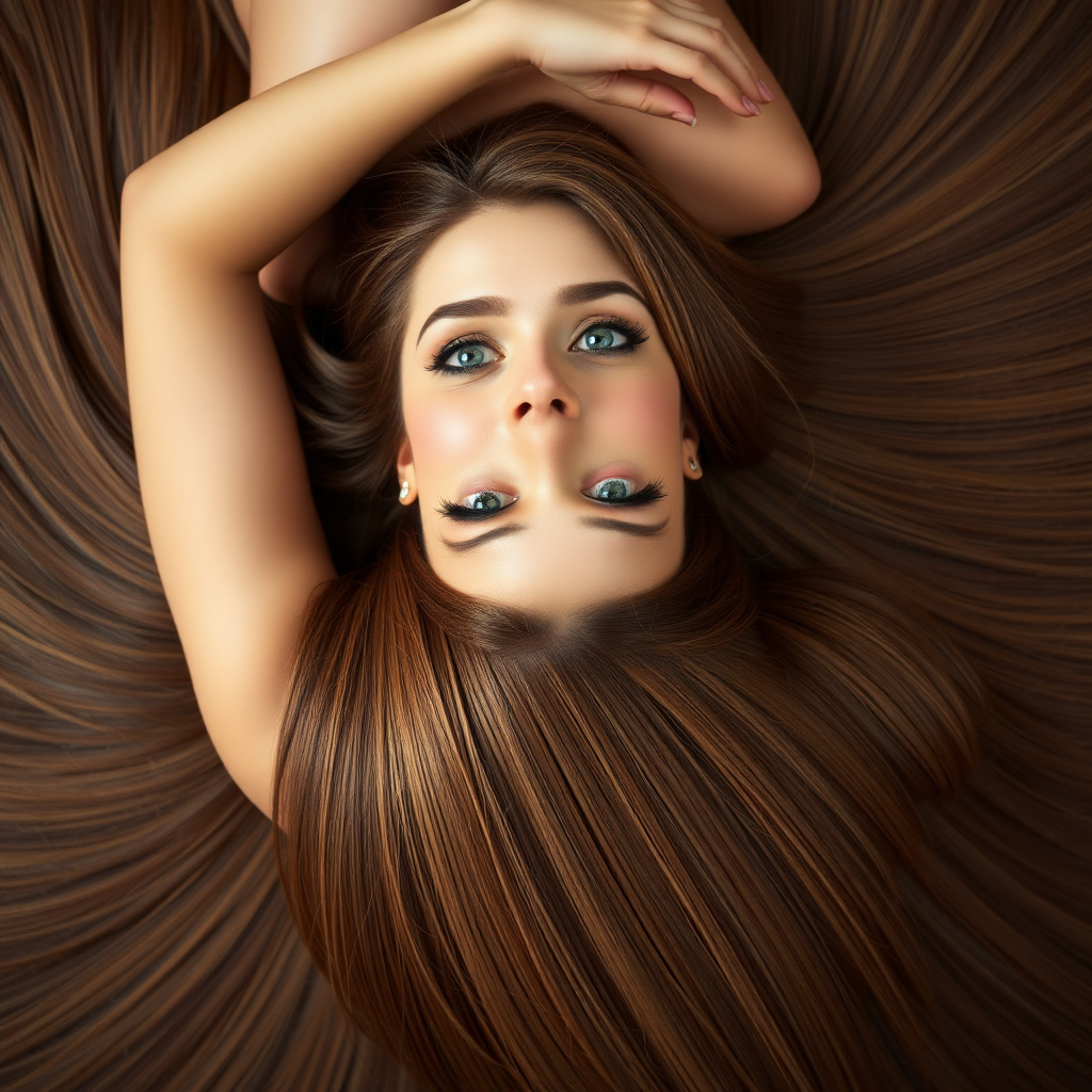 A beautiful woman laying on her back staring up at the camera. Her very long hair meticulously fanned out in a geometrically precise semicircle to display its length and beauty.