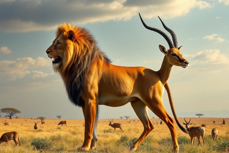 A photorealistic full-length image of a lion possessing the musculature and silhouette of an antelope, its head remaining intact complete with facial features, skin, and fur. The background should draw inspiration from both the lion and antelope, seamlessly blending their distinct characteristics to create a visually striking and cohesive scene. The lion's mane should flow gracefully, contrasting with the antelope's sleek, streamlined form. The landscape should feature elements found in the habitats of both animals, creating an imaginative and naturalistic environment. Attention to detail is essential, ensuring the fusion of these two distinct species appears seamless and believable.