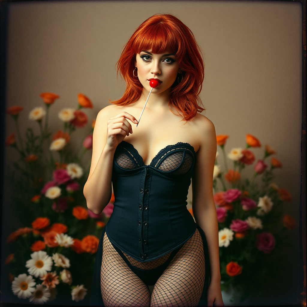 a scan of an old film photo with heavy dark vignetting and color ting and light leak and visible wear and cracking with visible lines from being folded depicting a sexy curvy alt goth girl with red hair wearing a cupless underbust corset and fishnet bra barely covering nipples and with tiny tight fishnet bikini gstring thong panties standing in a photography studio filled with flowers, sucking on a small red lollipop with innocent look on her face