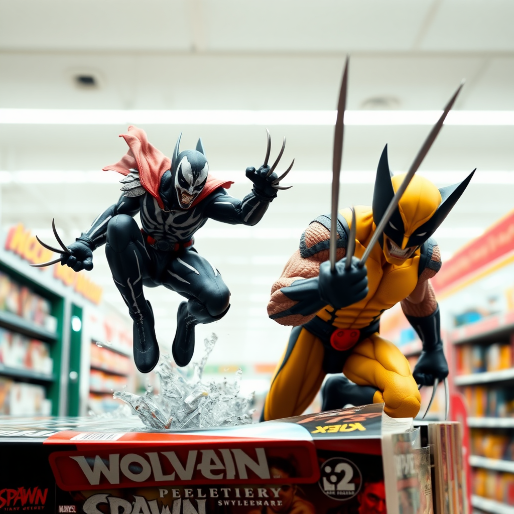 Jumping out of a comic book cover on a store shelf is Spawn and Wolverine with his perfectly razor sharp claws in Cinematic Real3D photo-realistic quality.