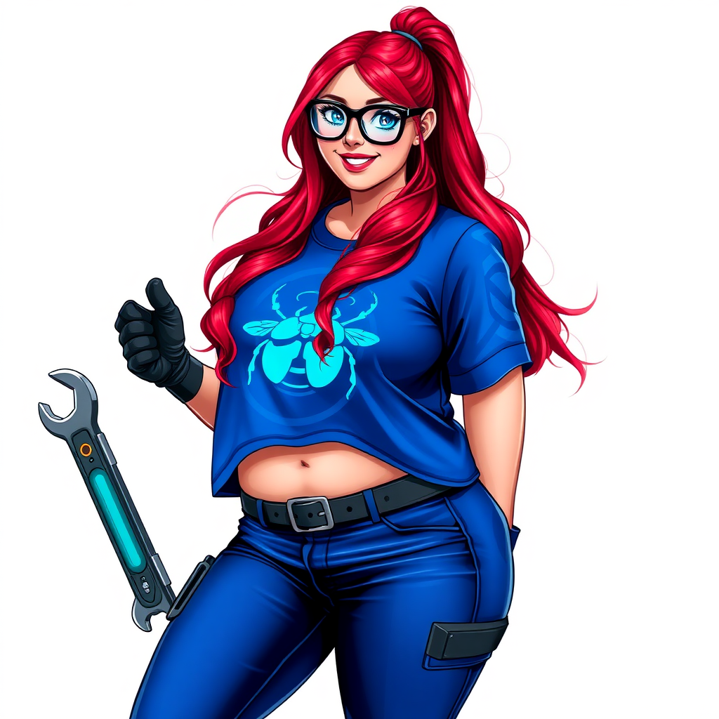 A 28-year-old, full-figured computer hacker and tech wiz, she is the girlfriend of a cyberpunk vigilante. Her long ruby-red ponytail, and striking, bright blue eyes make her stand out. Her wrecking ball-sized midsection, sequoia-sized limbs, and broad shoulders define her full figure, which has been heavily pampered by her doting boyfriend. Her nerdiness is blatantly obvious, and she serves as her boyfriend’s tech expert.

As the loyal and supportive sidekick, she plays a crucial role in their missions, using her digital and technological prowess to assist and protect. She wears an oversized maximum blue t-shirt adorned with a maximum turquoise beetle chest icon, black oversized eyeglasses, matching maximum blue biker pants, and black high-tech gloves. She beams with a neon red blush, holding a futuristic wrench and a digital holographic tablet. She is on a solid white background. She is drawn as if she was in a retro 2D cyberpunk fighting game. Her midsection is broadened to emphasize her figure.