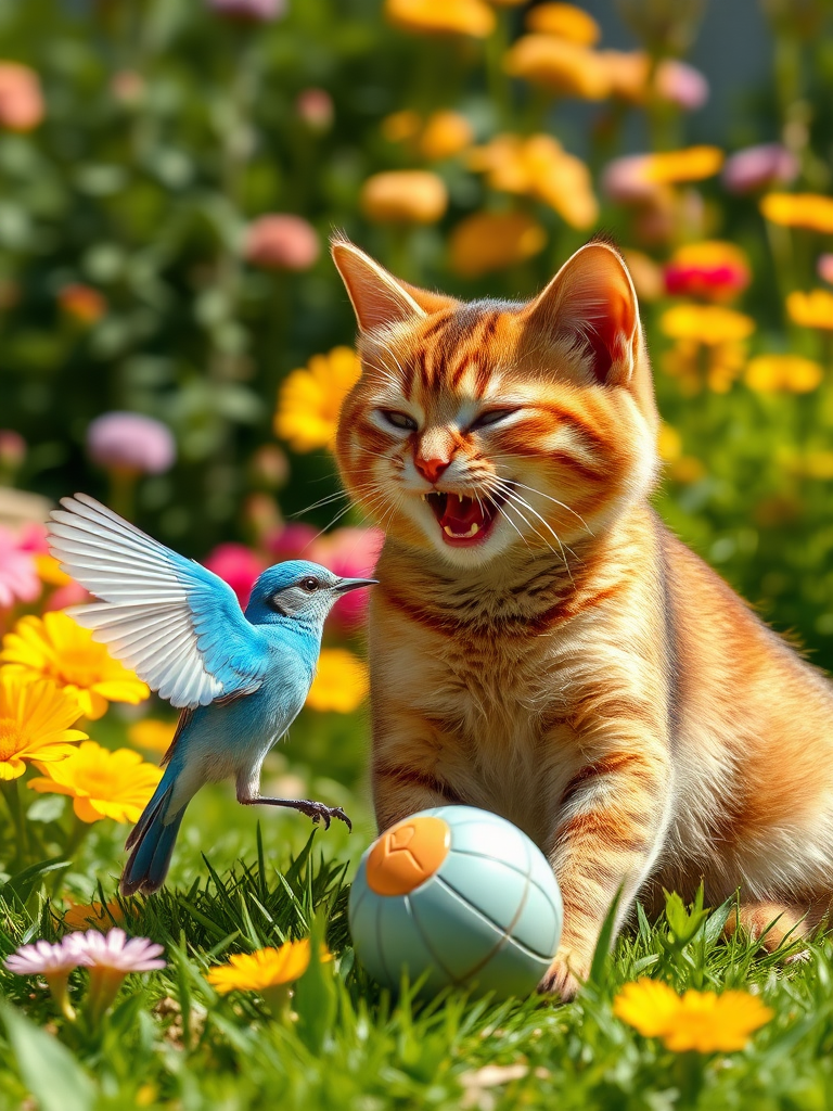 A realistic 4K scene of a Brown Cat and a Blue Bird happily playing with a ball together in a sunny garden. The cat is playfully batting the ball while the bird flutters nearby, both displaying joyful expressions. The colorful flowers and lush greenery in the background enhance the cheerful atmosphere of their playful reunion.