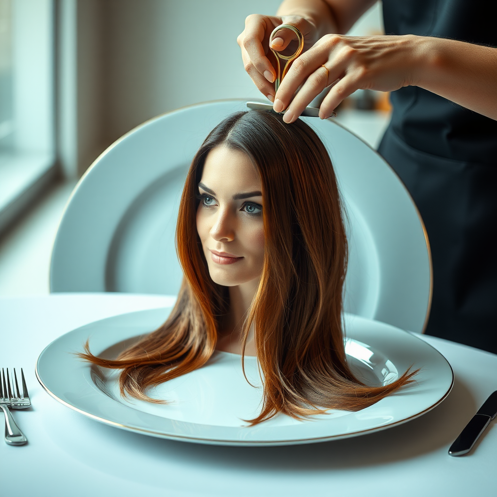 In a bizarre, surreal tableau, the polished surface of an elegant dining plate cradles the disembodied head of a strikingly beautiful Kate Middleton, her long, flowing hair cascading like a glossy waterfall of deep chestnut and honey highlights. The hair is luxuriously arranged, strands shimmering under the soft, ambient light that bathes the scene in an ethereal glow.

A skilled hairdresser, clad in a sleek black apron, stands poised with a pair of gleaming scissors, carefully trimming the endlessly luxurious locks that frame Kate's serene, almost ethereal features. The air is thick with the scent of salon products mingling with delicate hints of floral fragrances, creating an unusual yet strangely inviting atmosphere. The hairdresser's focused expression reveals a meticulous dedication as snippets of hair fall gracefully onto the pristine plate, echoing a sense of both artistry and absurdity.

The overall emotional tone conveys a dreamlike quality, inviting viewers to ponder the juxtaposition of beauty, identity, and the bizarre circumstances that bind them in this extraordinary moment.