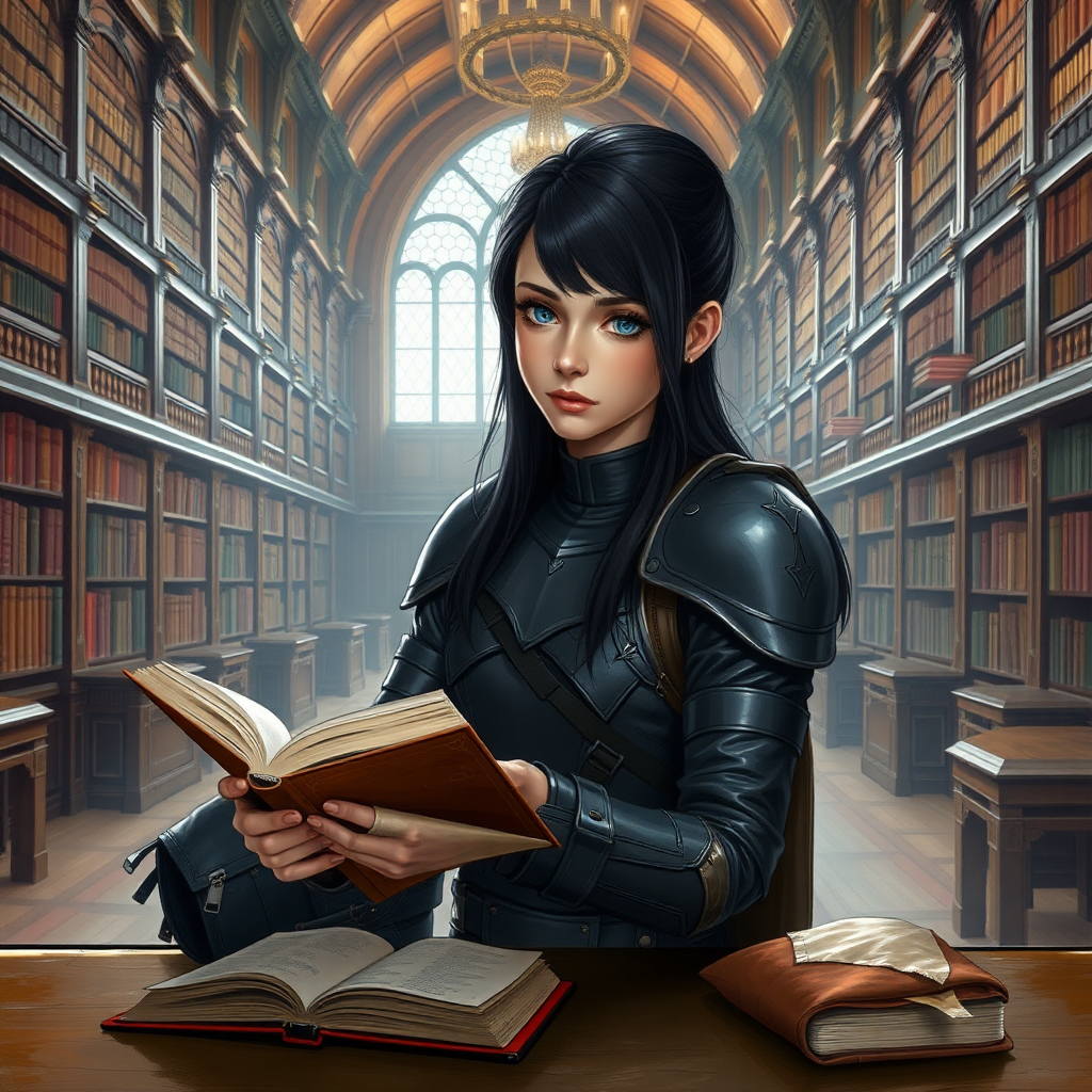 beautiful young woman, dark hair past her shoulders, blue eyes, small, slim figure, wearing full leather armor suit, sitting at table, reading book, a sandwich and backpack, in a grand old library.