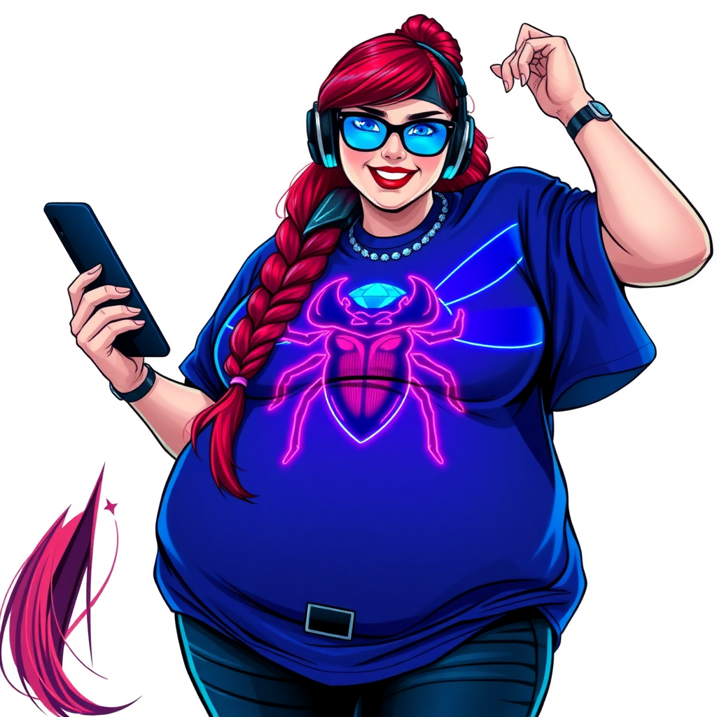 A cyberpunk vigilante’s full-figured intelligent and tech-savvy 29-year-old girlfriend, who is a computer hacker and tech genius. She has a long ruby red ponytail and bright blue eyes. She wears a sapphire beetle gemstone necklace, and an oversized Maximum Blue (RGB 71, 171, 204) t-shirt featuring a giant neon blue glowing chest icon of a winged beetle. She has a full-figured physique with a prominent, gargantuan, round midsection, reflecting her well-cared-for lifestyle. The midsection is heavily emphasized. She sports a sapphire headset with hi-tech Maximum Blue (RGB 71, 171, 204) lensed HUD visor, Maximum Blue (RGB 71, 171, 204) lipstick, black eyeglasses, and a beaming smile with a passionate bright red blush. Despite her figure and a lack of self-esteem, she radiates an air of beauty. She has an angular face which contributes to her radiant beauty. She serves as his tech expert from his hideout, holding a holographic tablet and a hi-tech tool wrench. The background is solid white. She is drawn as if she was in a retro 2D cyberpunk fighting game. Make sure her shirt covers her round midsection.