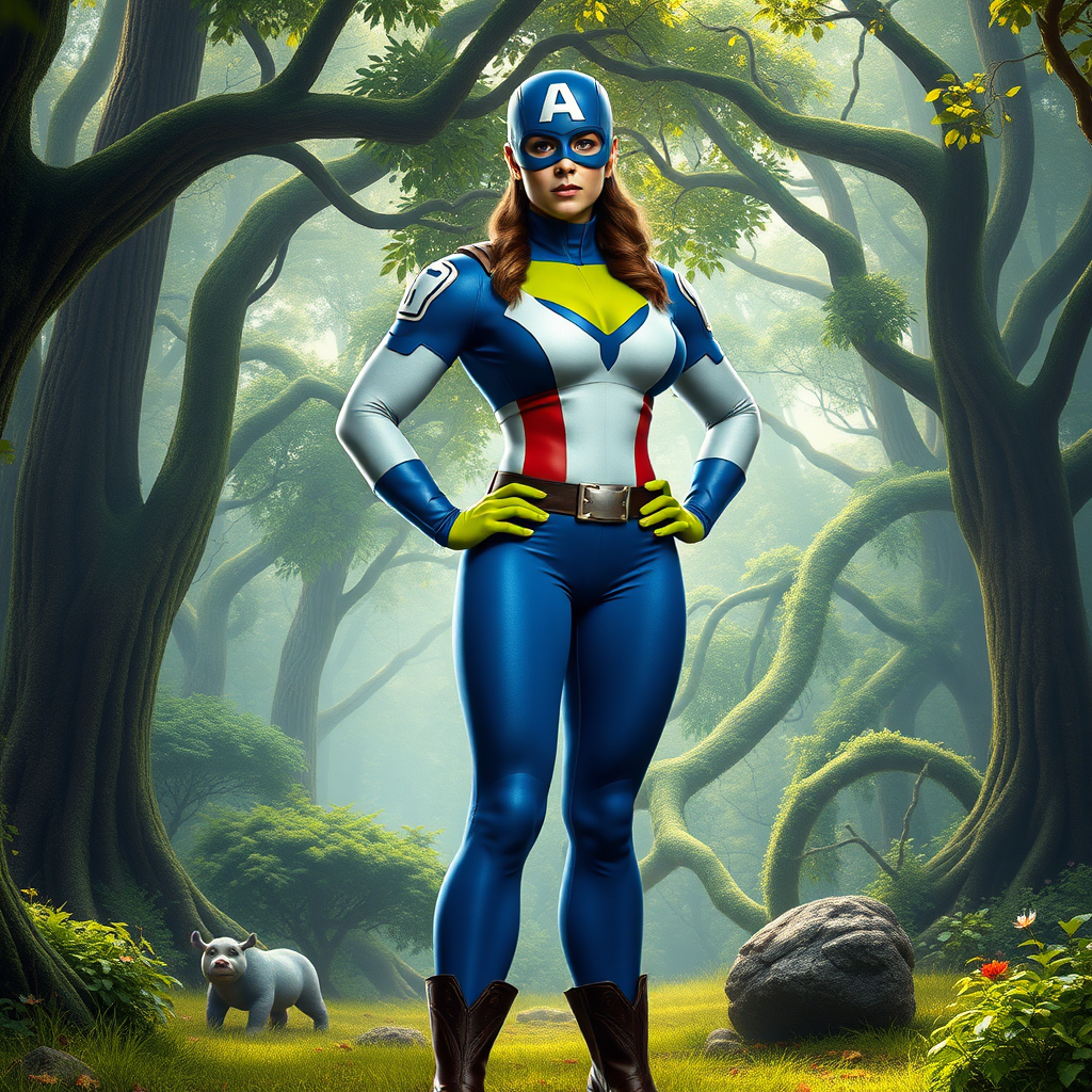 Create a full-length image of Steve Rogers with the feminine body attributes of Fiona from Shrek, excluding the head. Maintain and adjust his iconic blue and white uniform to fit the new proportions. Depict a muscular yet curvaceous physique, with broad shoulders, a cinched waist, and powerful thighs. Place the character in a lush, fairytale forest background, blending elements from both the Marvel and Shrek universes. Ensure the final image harmoniously combines the rugged strength of Steve Rogers and the bold femininity of Fiona.