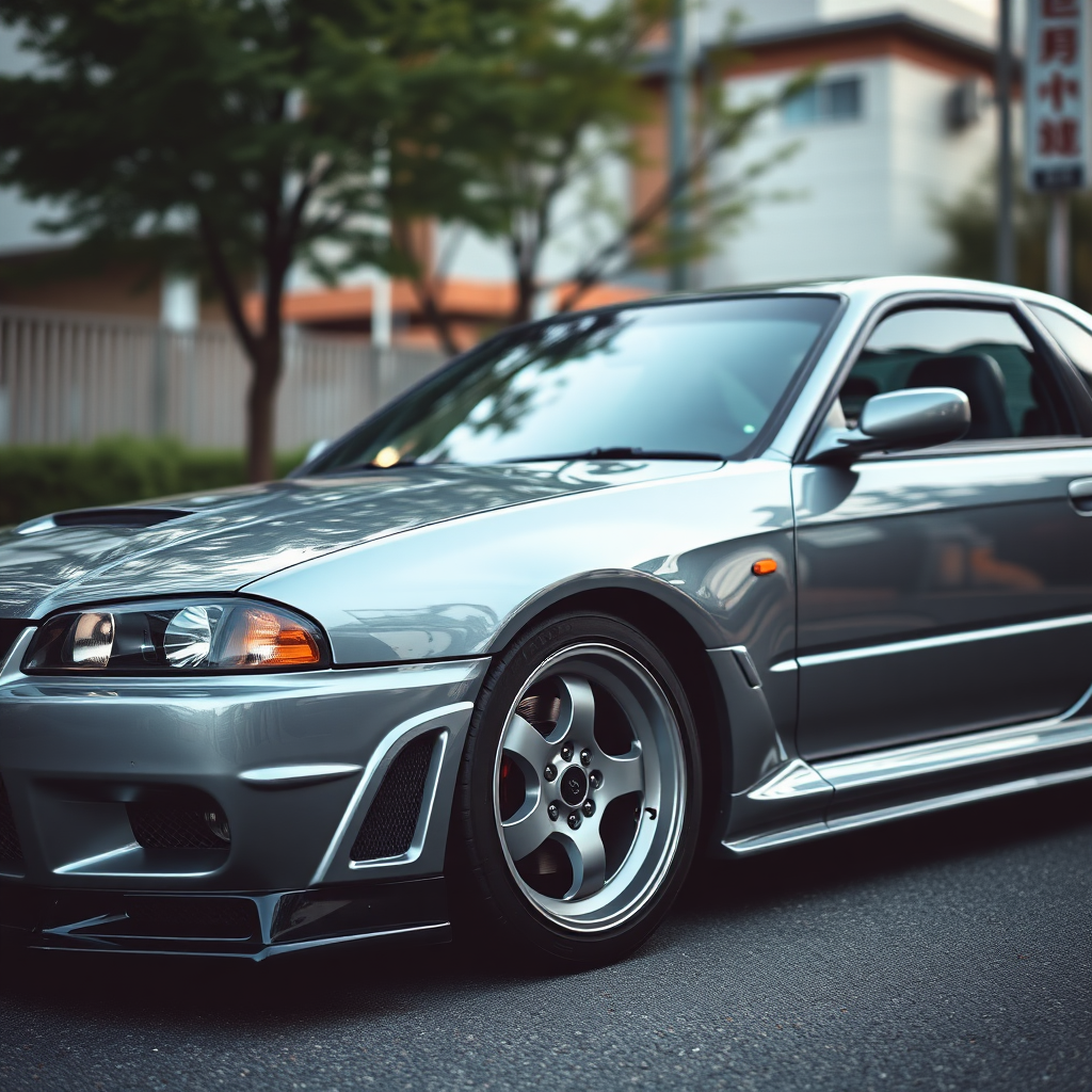 The car is parked on the side of the road, inspired by Taiyō Matsumoto, tumblr, restomod, nd4, c4 metallic shine gray black nissan skyline r34 tokyo cosplay women background flawless complete detailed general real details best photo pose