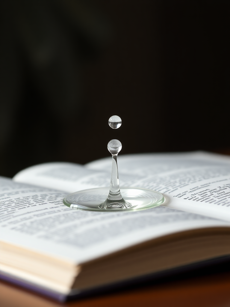 Create the following prototype: A large single drop of water rolls down a book page.