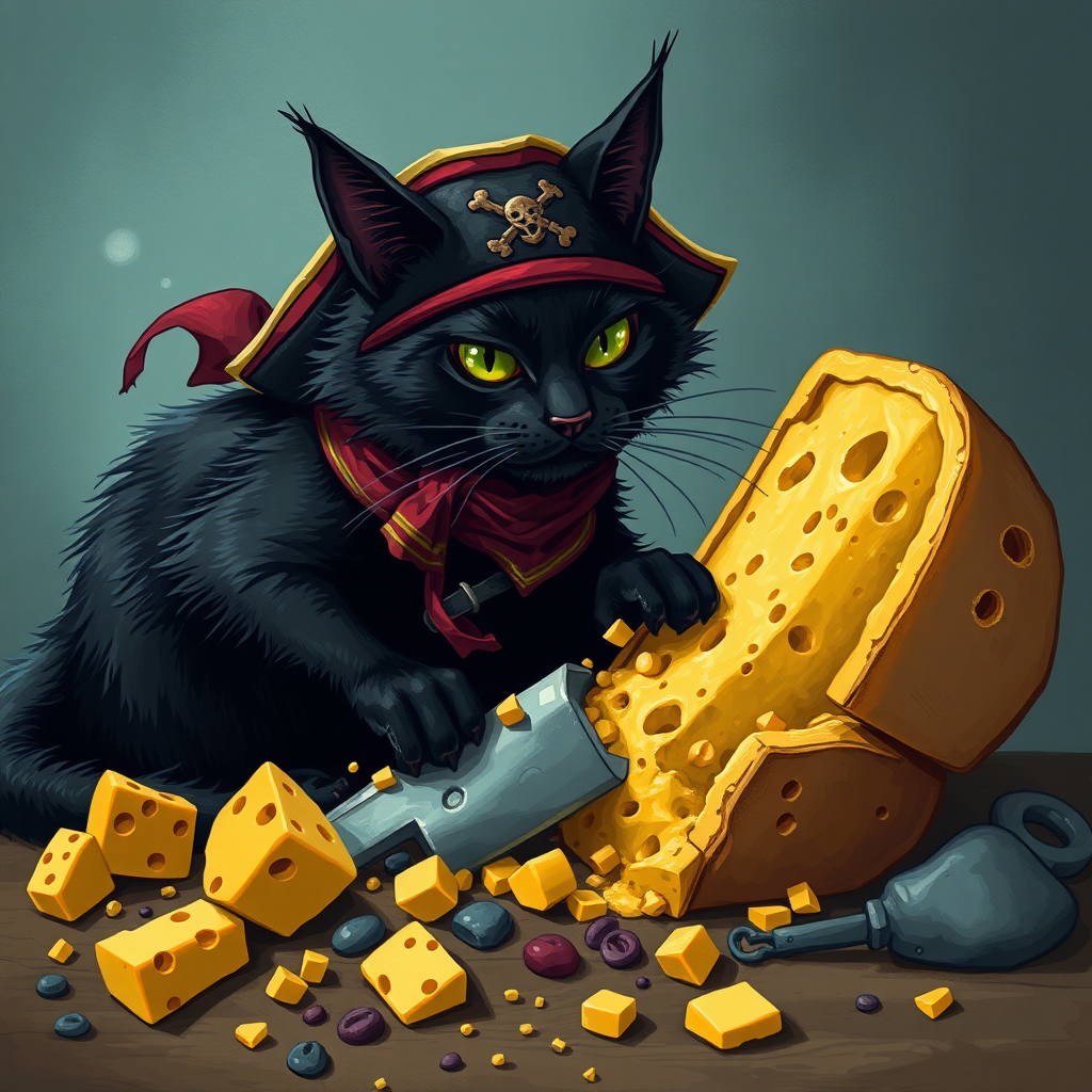 Black cat pirate digging up a treasure cheese filled with cheese, glurge art