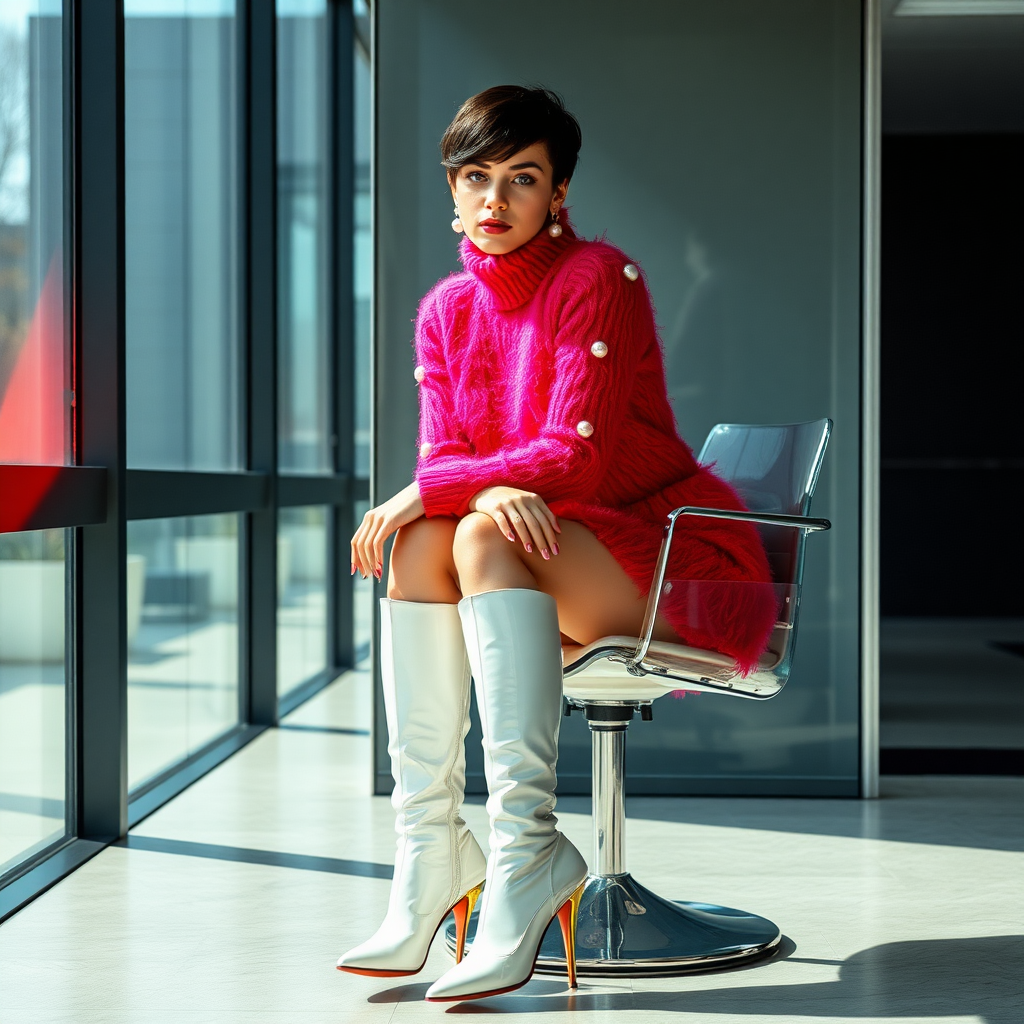 Sunny spring morning, modern glass-steel-concrete office, sitting on glass chair at wall, waiting for the master: O., European 17 years old very convincing femboy “trophy-bimbo”, tamed servile docile, very beautiful feminine flawless face, rather short boyish figure, dark short tight curls, bold red lips, heavily made-up face, long French nails, wearing Supertanya-style chunky fluffy very fuzzy bright deep raspberry mohair figure-hugging turtleneck-knitdress with white pearl decoration, white vinyl thigh-high boots with golden heels, pearl earrings, serious, leaning forward presenting her assets, arrogantly looking at camera.