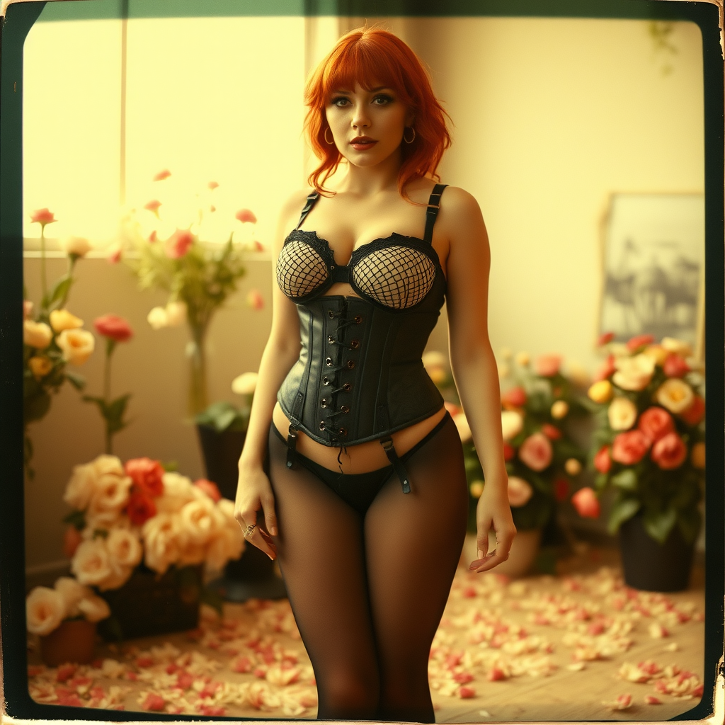 old polaroid photo with heavy dark vignetting and color ting and light leak and visible wear and cracking depicting a sexy curvy alt goth girl with red hair wearing a cupless underbust corset and fishnet bra barely covering nipples and black stockings with thong panties standing in a photography studio filled with flowers