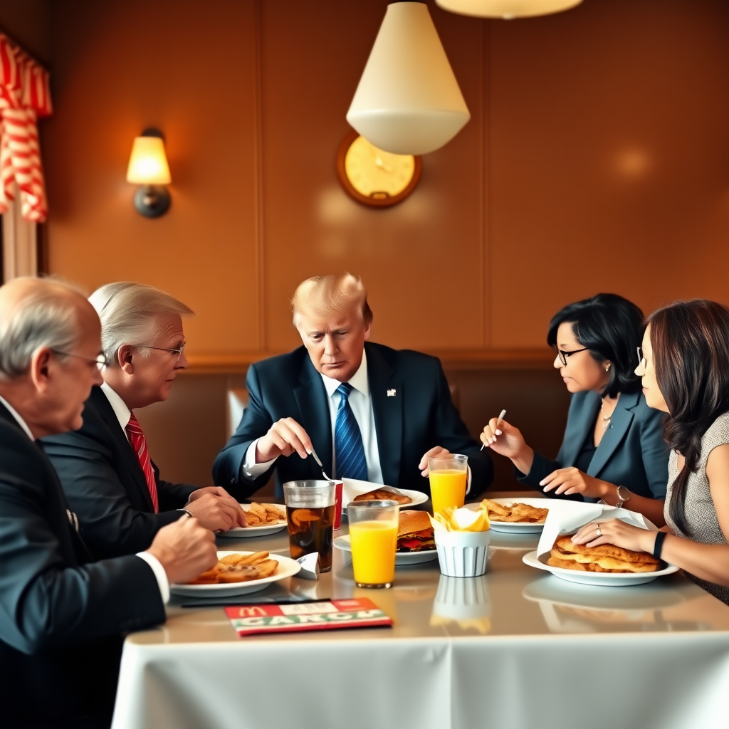 Donald Trump in a dining room eating tons of McDonald's for breakfast with Joe Biden and Kamala Harris.