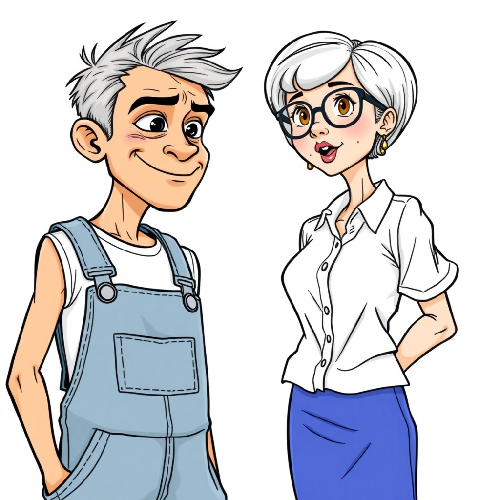 20 year old european skinny boy wearing work overalls is blushing excited while listening to a 55 Years old, European, Latina, sharp aquiline nose, wrinkles, high cheekbones, Middle Eastern, Skinny, Tanned skin, Dark light skin, Rounded Medium breasts, Skinny thighs, full Makeup, jewelry, Serious face, Sharp nose, shocked, blushing, open mouth, horny, Ash hair, short bowl haircut, Brown eye color, Glasses, with detailed features. She is watching the boy, she is wearing a white shirt and a blue skirt, detailed fabric. full body, long establishing shot, 2D, caricature, cartoon, Sketch lines, coloring book, black and white, coloring book style on white background, well composed, clean coloring book page, No dither, no gradient, strong outline, No fill, No solids, vector illustration