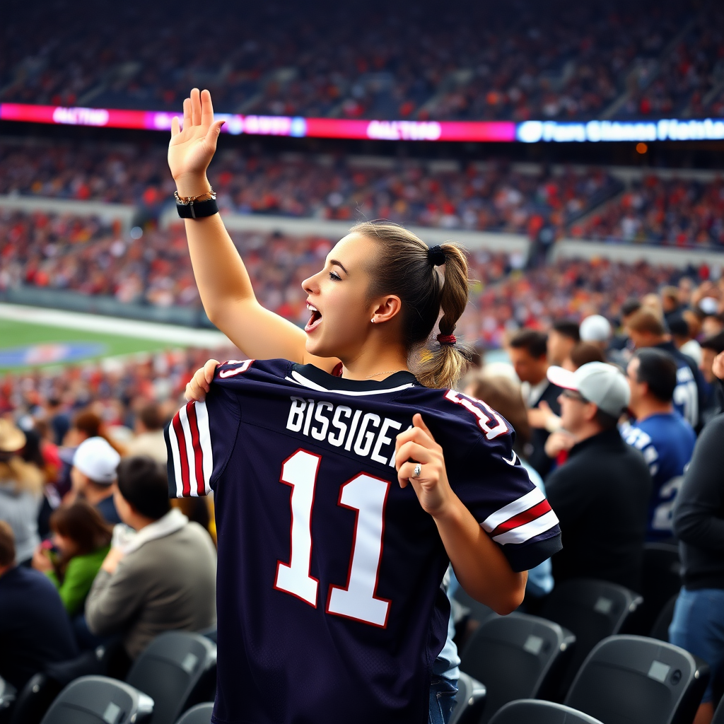 Attractive female NFL fan, pigtail hair, chanting, at crowded bleacher row, holding up spare jersey, in NFL stadium