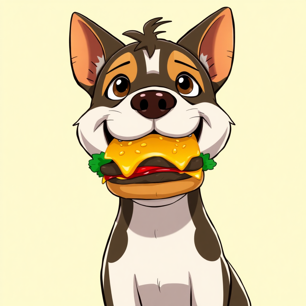 Anime dog with a cheeseburger in its mouth