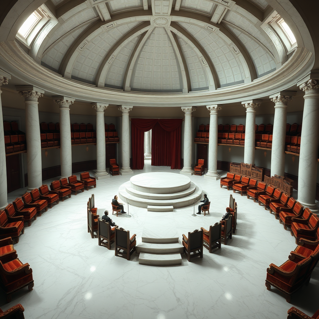 The auction hall is a cozy circular room, has polished marble floors and white alabaster pillars supporting a vaulted ceiling. With the main entrance at the south side and a small servants entrance at the north side of the room. The servants entrance is also where the slaves are brought in. Right in front of that small entrance are small display platforms where the slaves present themselves for potential buyers. Leading from their display platforms is a path that leads to the larger main auction platform at the center of the room. From the big main doors on the south side a path also leads to the middle. On both sides (west and east) are ascending rows of plush seating made from velvet and mahogany.