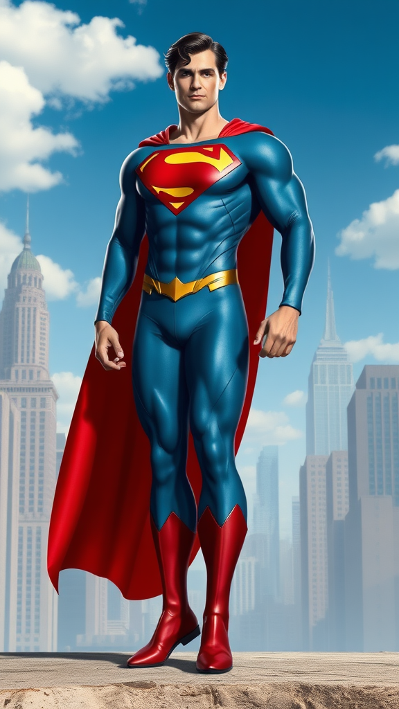 Create a full-length image of a hybrid character featuring Superman, utilizing Elastigirl's figure and body proportions. Retain Superman's primary costume, incorporating embellishments from Elastigirl's outfit, ensuring alterations for seamless fit. Design the background integrating elements from both Superman's iconic cityscape and Elastigirl's dynamic environment. Focus on capturing a harmonious blend of strength and flexibility, presenting the character in a heroic and dynamic pose within this creatively merged world.