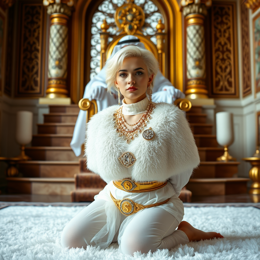 Kuwait desert palace throne room, throne raised on stair head, old overweight mighty sheik sitting on throne. In front of stairs, kneeling on white fluffy carpet: Melissa, European 17 years old very convincing femboy “trophy-bimbo”, tamed servile docile, rather short, by hormones very curvaceous womanly figured, platinum blond short tight curls, heavily made-up eyes, wearing Supertanya-style fluffy very fuzzy bright white angora turtleneck-poncho cropped ending under bust decorated with pearls and gemstones, striking oriental wide gold bridal protection belt, white fully transparent harem pants, full Oriental bridal jewelry, white sheer full Burka, coin anklets, striking diamond “$$$” letter brooch on left chest, pout frustrated, hands tied behind back, looking at camera. Focus on face and turtleneck-poncho.