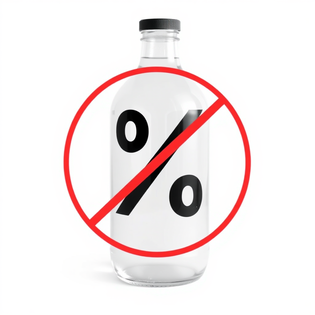 A photo of a bottle with a black percent symbol crossed in a red circle on a white background.