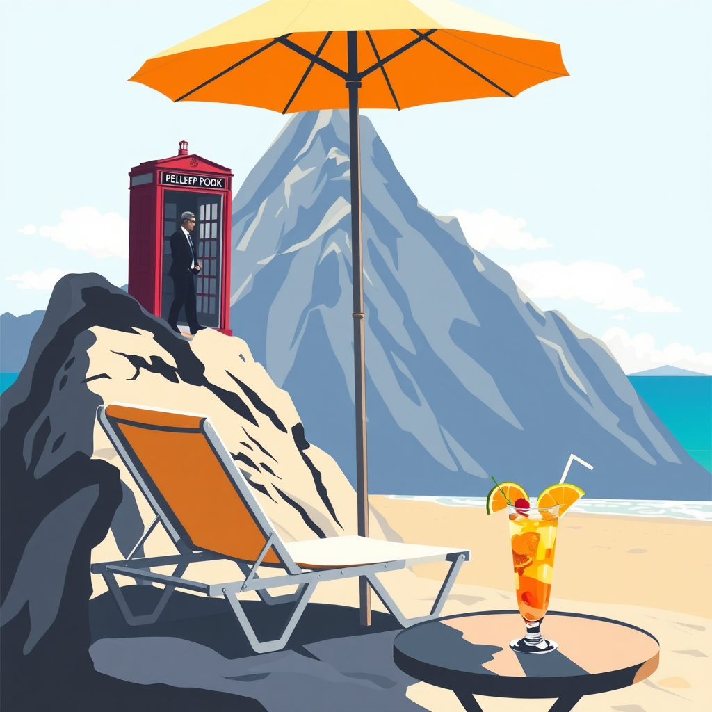 I want to design an invitation card for my 59th birthday and the beginning of my retirement. On it, there should be a mountain with a telephone booth on its peak. A man is walking past this booth. He is heading towards the beach. There is an empty lounge chair under a sun umbrella. On the table next to it, there is a mixed cocktail ready to drink.