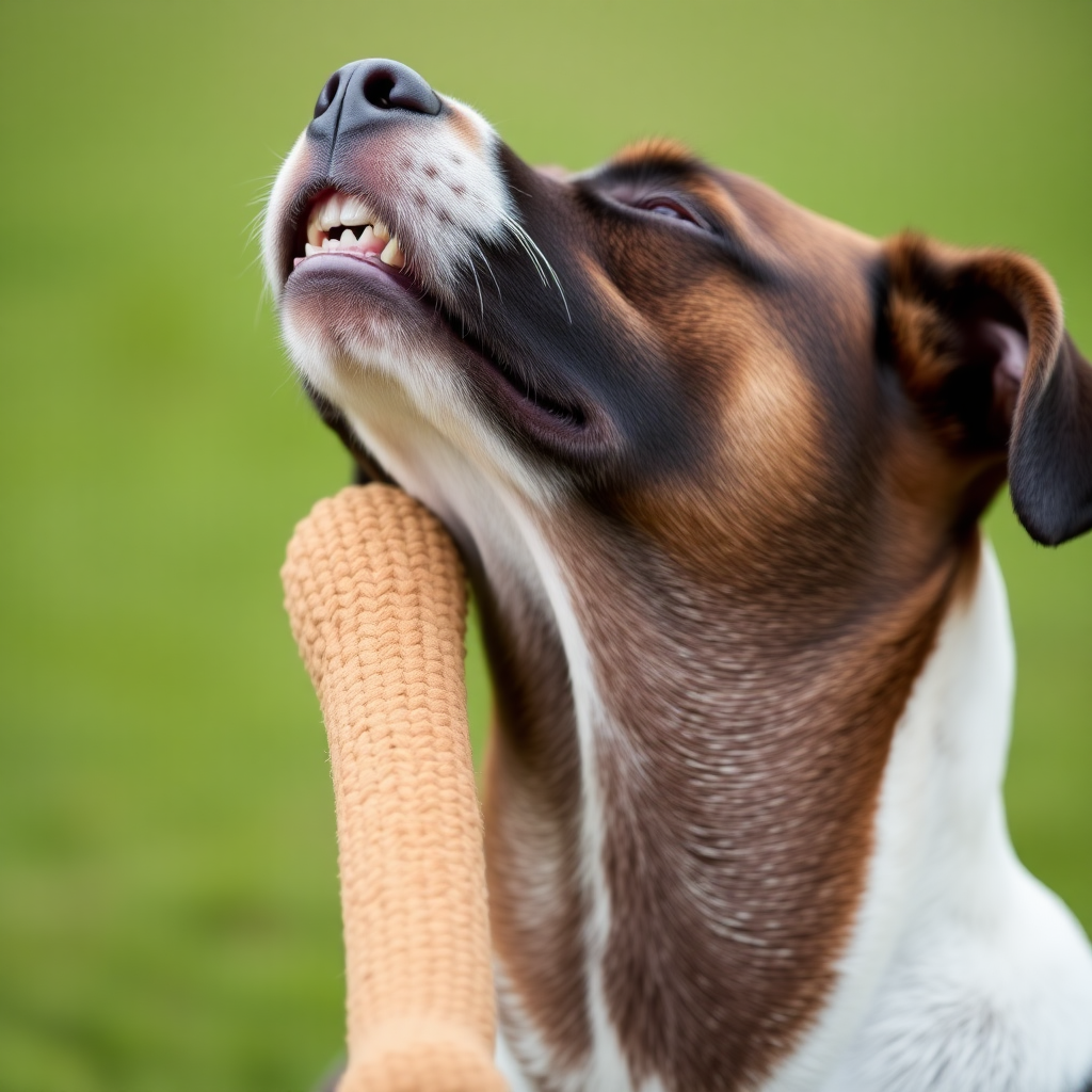 A dog biting a toy, close-up shot, side view of the head, stretching its neck, looking up. open the mouth, opaque,