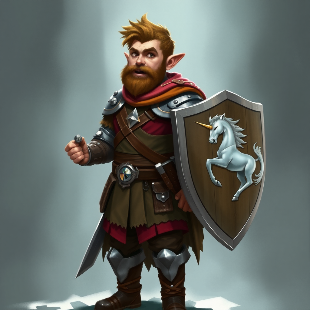 In a fantasy world, a halfling paladin, wearing a shield, high definition, normal and standard appearance, not sporting a beard. Full-body character, sword at his side and shield strapped to his left arm. On the shield, there is a silver unicorn depicted.