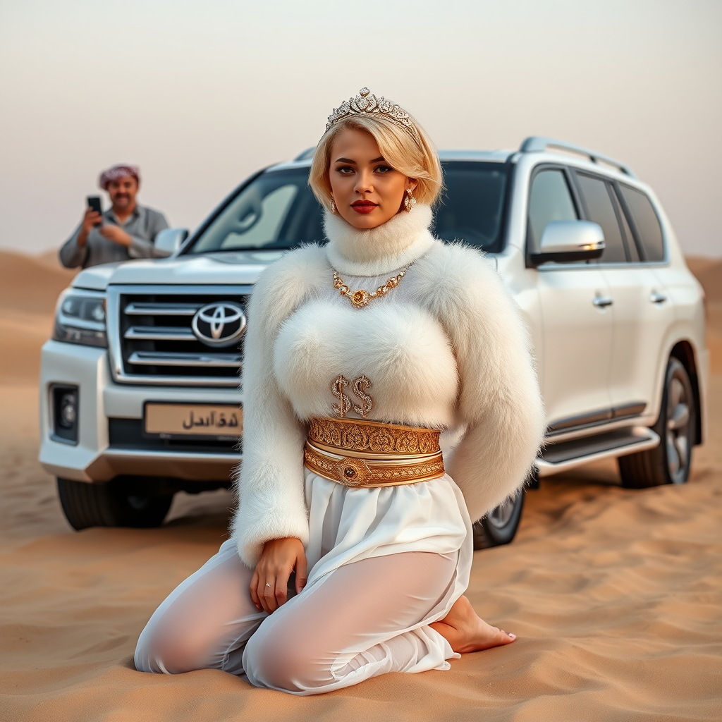 Kuwait desert dunes misty dawn, full size luxury SUV: Melissa, European 17 years old very convincing femboy “trophy-bimbo”, tamed servile docile, very beautiful feminine flawless face, rather short, by hormones very curvaceous womanly figured, platinum blond short tight curls, bold red lips, heavily made-up face, wearing Supertanya-style fluffy very fuzzy bright white angora turtleneck-poncho cropped ending under bust decorated with pearls and gemstones, striking oriental wide gold bridal protection belt, white fully transparent harem pants, full Oriental bridal jewelry with striking headpiece, full Oriental face-jewelry, striking diamond “$$$” letter brooch on left chest, pout frustrated, hands tied behind back, kneeling in sand in front of SUV, looking at camera. Focus on face and turtleneck-poncho. Standing behind leaning against SUV: older overweight mighty sheik laughing taking pictures with mobile phone.