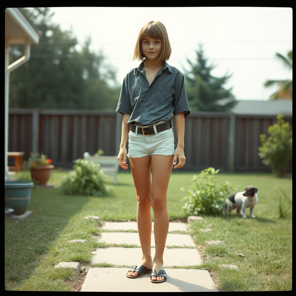 tall 14yo teen boy, long hair bob cut, wearing shirt and very tight booty shorts, long legs, narrow thighs, full-length front view. 1970s. Playing at backyard. photorealistic, ultra high resolution, 16K, Negative: grainy, blurry, bad anatomy, extra limbs, watermark.