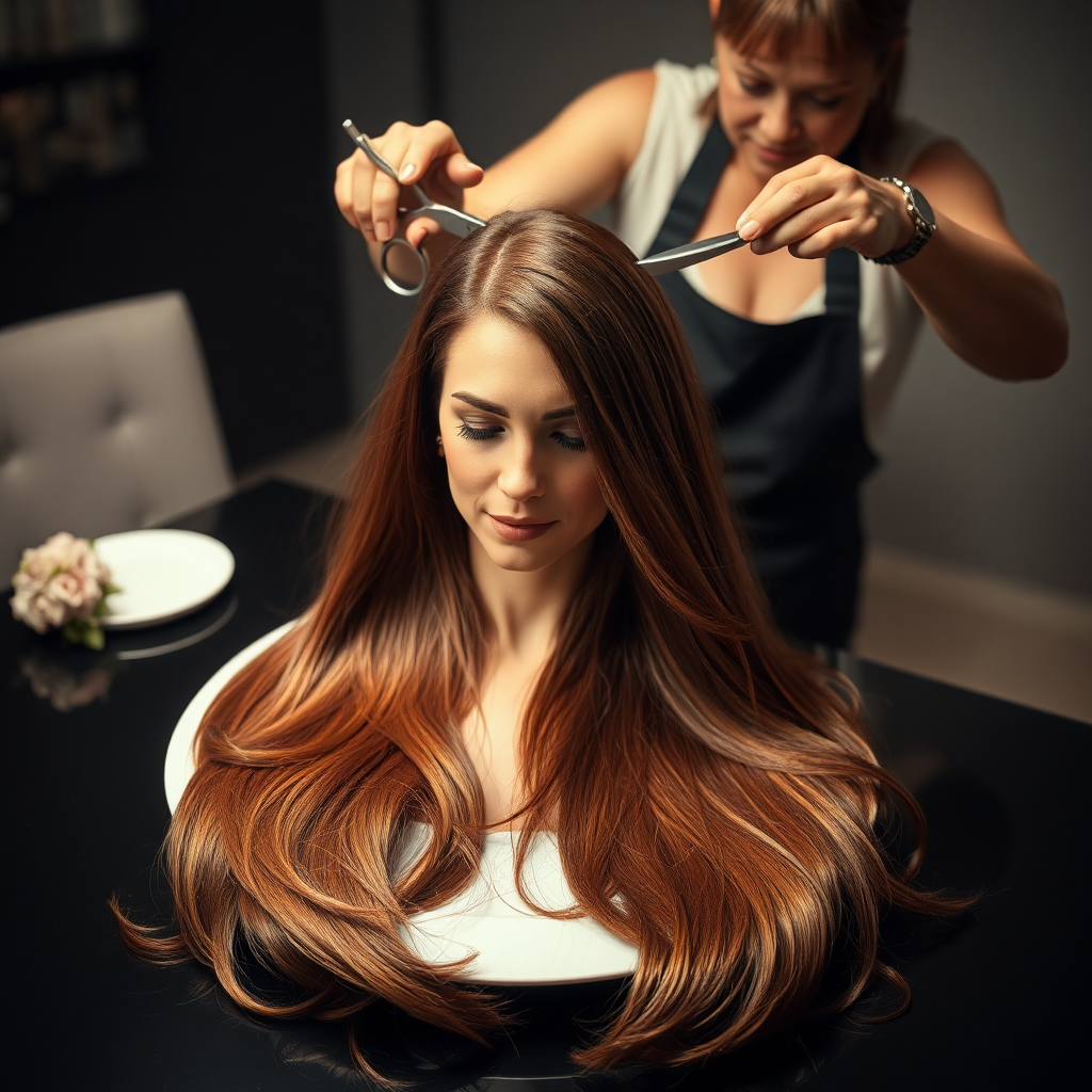 In a bizarre, surreal tableau, the polished surface of an elegant dining plate cradles the disembodied head of a strikingly beautiful Kate Middleton, her long, flowing hair cascading like a glossy waterfall of deep chestnut and honey highlights. The hair is luxuriously arranged, strands shimmering under the soft, ambient light that bathes the scene in an ethereal glow.

A skilled hairdresser, clad in a sleek black apron, stands poised with a pair of gleaming scissors, carefully trimming the endlessly luxurious locks that frame Kate's serene, almost ethereal features. The air is thick with the scent of salon products mingling with delicate hints of floral fragrances, creating an unusual yet strangely inviting atmosphere. The hairdresser's focused expression reveals a meticulous dedication as snippets of hair fall gracefully onto the pristine plate, echoing a sense of both artistry and absurdity.

The overall emotional tone conveys a dreamlike quality, inviting viewers to ponder the juxtaposition of beauty, identity, and the bizarre circumstances that bind them in this extraordinary moment.