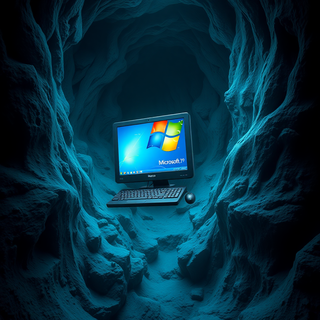 Create a realistic picture of a Microsoft XP computer in the Mariana Trench.