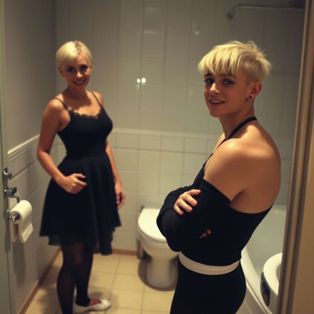 photorealistic, ultra high resolution, 16K, surreal fantasy, studio lighting, a 35 year old mother who is fully dressed for work is watching her pretty 16 year old goth son, slim male physique, short blonde hair, goth makeup, earrings, pantyhose, white ballet shoes, in the bathroom, excited smile, facing the camera.