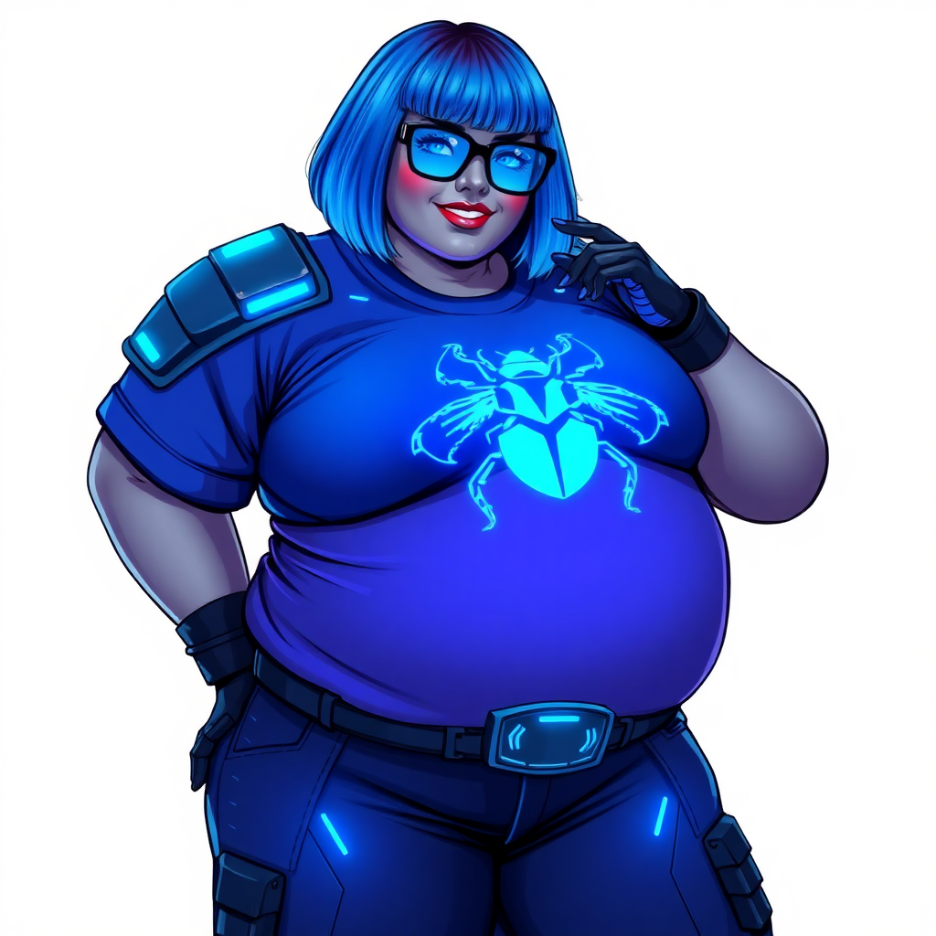 A 28-year-old, full-figured, metallic middle gray skinned computer program hybrid with a vibrant maximum blue bob cut. She has a non-athletic build, highlighted by a prominent, round, large midsection (fully emphasizing her round large belly) while being covered by her large t-shirt, reflecting her new junk food eating habits influenced by her boyfriend. As the full-figured, nerdy, digital sidekick to her cyberpunk vigilante boyfriend, her middle gray metallic skin and maximum blue lipstick underscore her digital essence. She dons a digital, computerized outfit: a large, tight-fitting, high-tech, maximum blue t-shirt with neon blue glowing beetle themed accents complete by a giant neon blue glowing beetle icon on the chest, hi-tech shoulder pads with neon blue accents, a black hi-tech belt with a digital sapphire beetle buckle, digital maximum blue pants with neon blue accents, and black hi-tech gloves with neon blue glowing accents. Her neon blue glowing eyes, black eyeglasses with neon blue lenses equipped with a built-in HUD, and shy smile with neon red blush highlight her nerdiness. She stands bashfully with one hand behind her back and the other gently touching her cheek, her outfit covering all her bare skin and fully emphasizing her full-figured physique (especially her large belly). She is clearly non-athletic, with a heavy focus on her full-figured physique (with full emphasis on her large belly). Despite her build, she radiates beauty. Her slim face contrasts with her physique, accentuating her radiant beauty. She is set against a solid white background. She is drawn as if she were in a retro 2D cyberpunk fighting game.