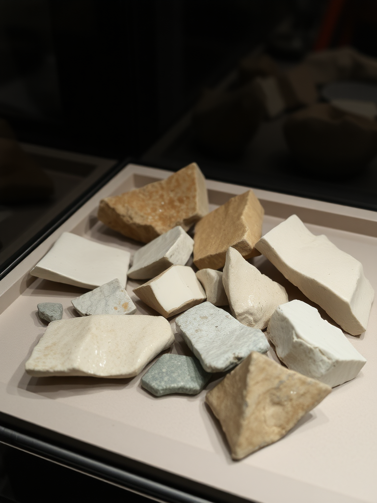 very ceramic broken pieces, in display case, in soft dark colors, cold aura