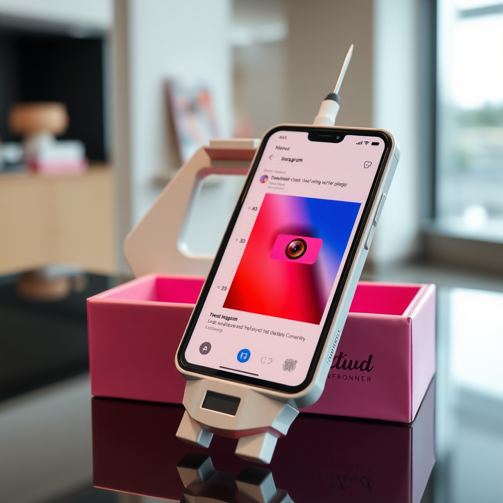 A close-up straight front view of mobile phone in the shape inspired by syringe, white pink futuristic, kept for sale leaning to a box, in showroom, metallic body, touchscreen phone with instagram page open on screen, needle on top, whitepunk