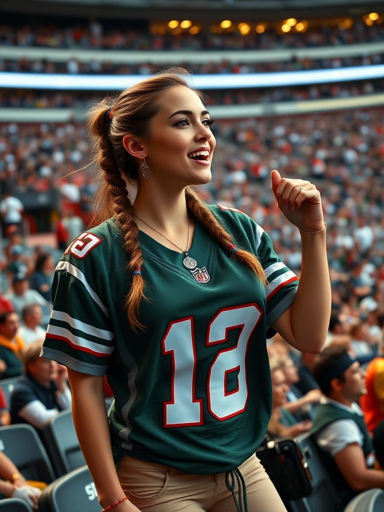 Very attractive female NFL fan, huge chest, jersey, cheering, pigtail hair, crowded stadium bleacher row