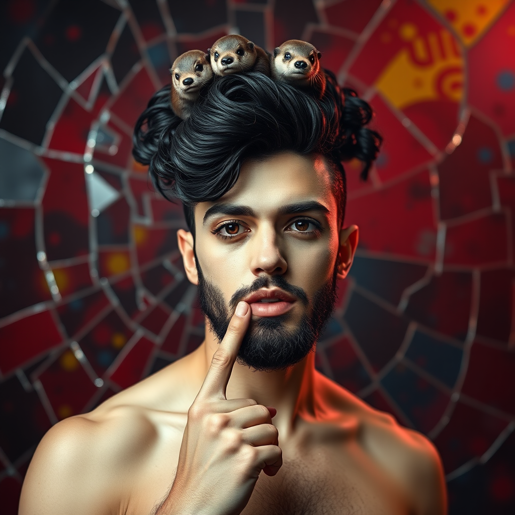 The background is a broken glass with red, blue, yellow, and white. A 4K hyper-realistic photograph in the style of Madonna, blending surrealism with kitsch. The subject is a man with an extravagant, curly black haircut, styled in a flamboyant bun, paired with a sexy, masculine look. He sports a neatly groomed, three-day beard — short, evenly distributed, with a light shadow effect across the chin, jawline, and cheeks. His makeup is dramatic, like a drag queen, adding to the boldness of his appearance. He has a muscular, athletic build. He is naked with sexy nipple covers, standing confidently. His pose is that of a pin-up woman with a finger inside his mouth. Above him, smaller otters rest playfully on his head.